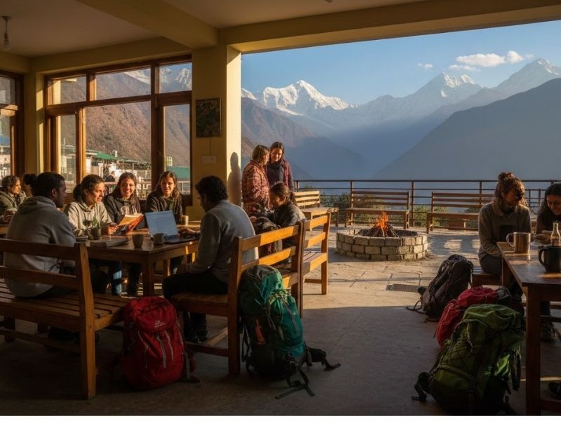 Ultra-realistic image of a backpacker hostel in Sissu with shared lounges, travelers socializing, and mountain views in morning sunlight.