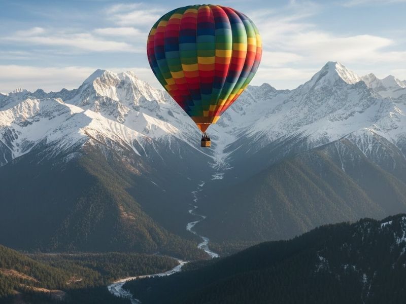 Hot air balloon flight over Himalayan landscapes including Manali, Kasol, and Sissu with SidespinAdventures.